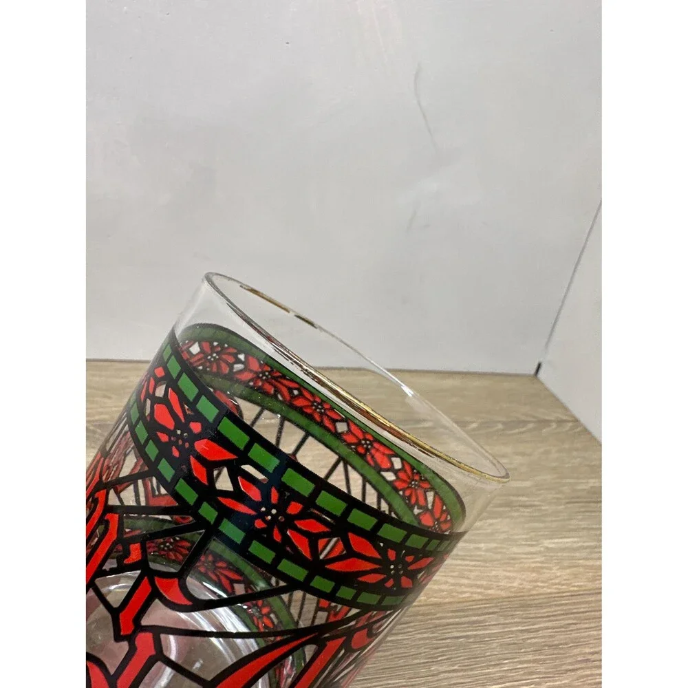 VTG 1970s Houze Seasons Greetings Lowball Glass Stained Glass Pattern Set of 4